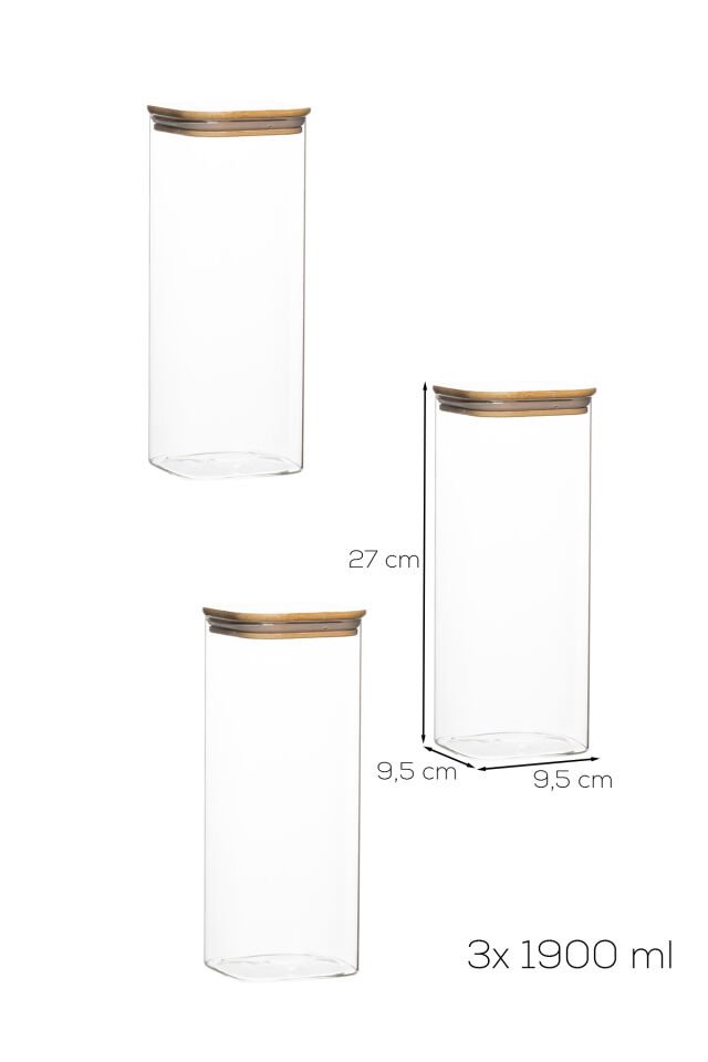 Porsima 7-3 Bambu Vakumlu Kapaklı Kare Borsilikat Cam 3lü Kavanoz Seti Saklama Kabı 1900ml 9,5x27cm