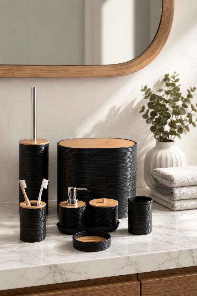 Porsima 4530 8 Parça Banyo Seti - Bambu Kapaklı Çöp Kovası, Sabunluk, Diş Fırçalığı ve Wc Fırçası Siyah