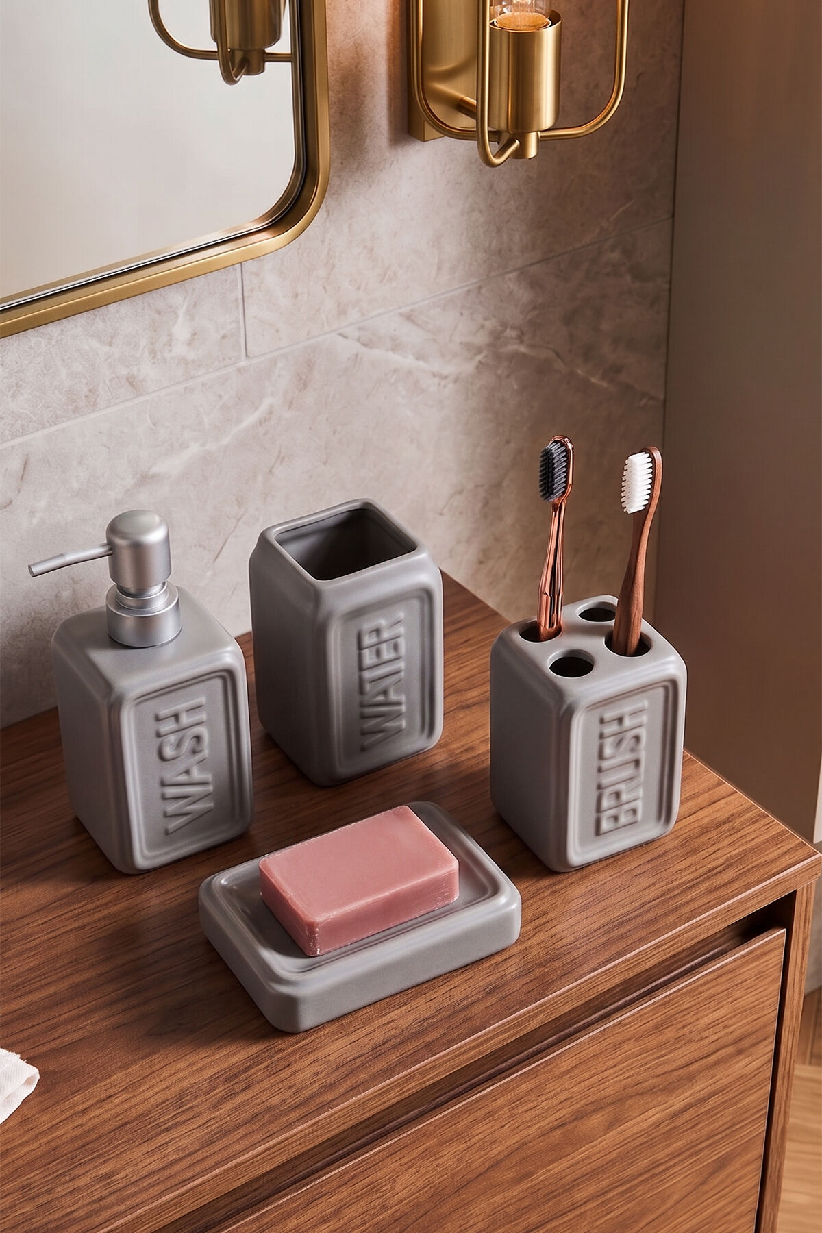 Perotti 13891 WELL Stoneware 4 Parça Banyo Seti Gri