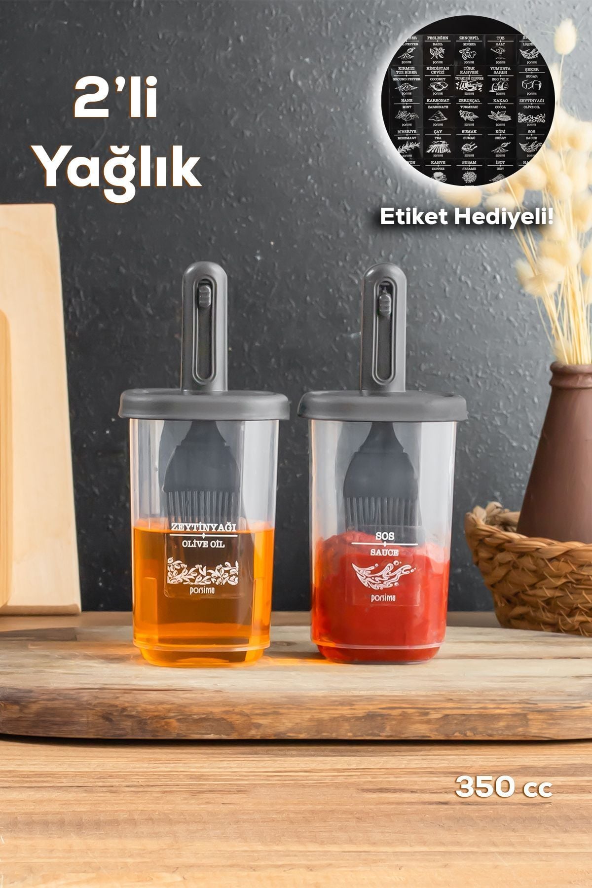 Porsima 0520 2'li Etiketli Silikon Fırçalı Yağlık Sirkelik - Yağdanlık-sosluk Erzak Saklama Kabı 350 Cc