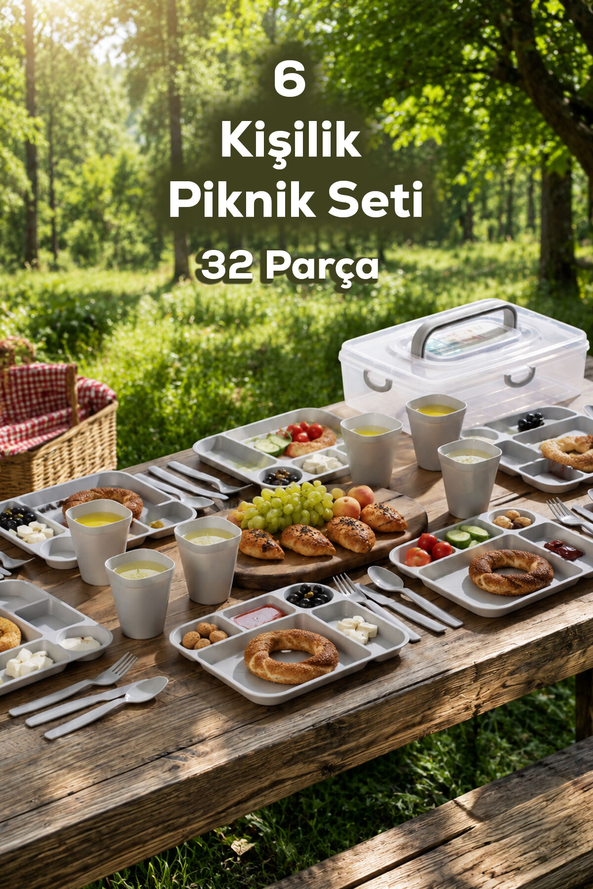 Porsima AC-101-1 32 Parça 6 Kişilik Pratik Taşınabilir Piknik Seti - Saklama Kutulu Piknik Sepeti Gri