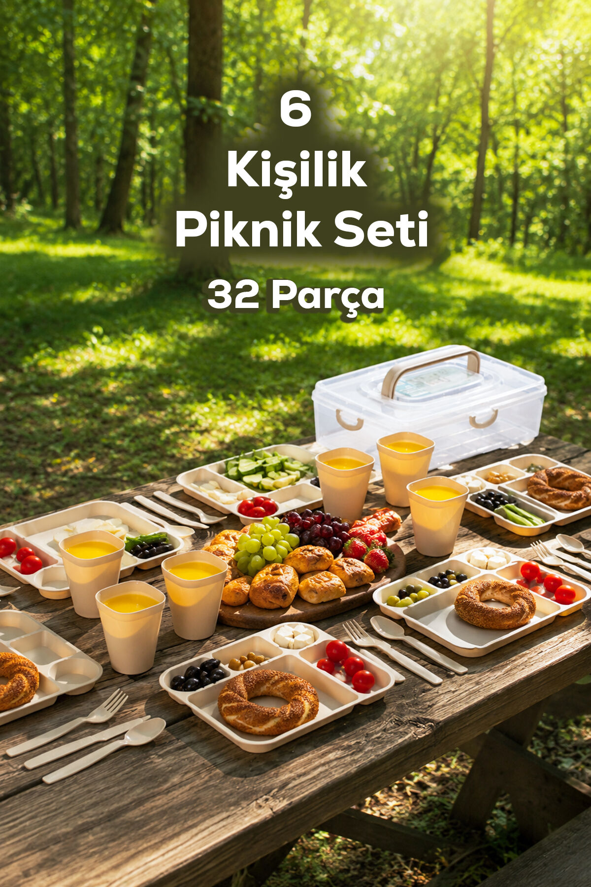 Porsima AC-101 32 Parça 6 Kişilik Pratik Taşınabilir Piknik Seti - Saklama Kutulu Piknik Sepeti Krem