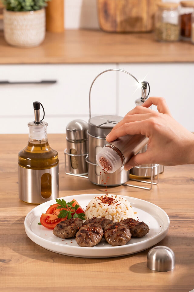 Porsima BY006 Canister 6 Parça Yağlık Baharatlık Seti - Paslanmaz Çelik Cam Baharatlık Yağdanlık Seti