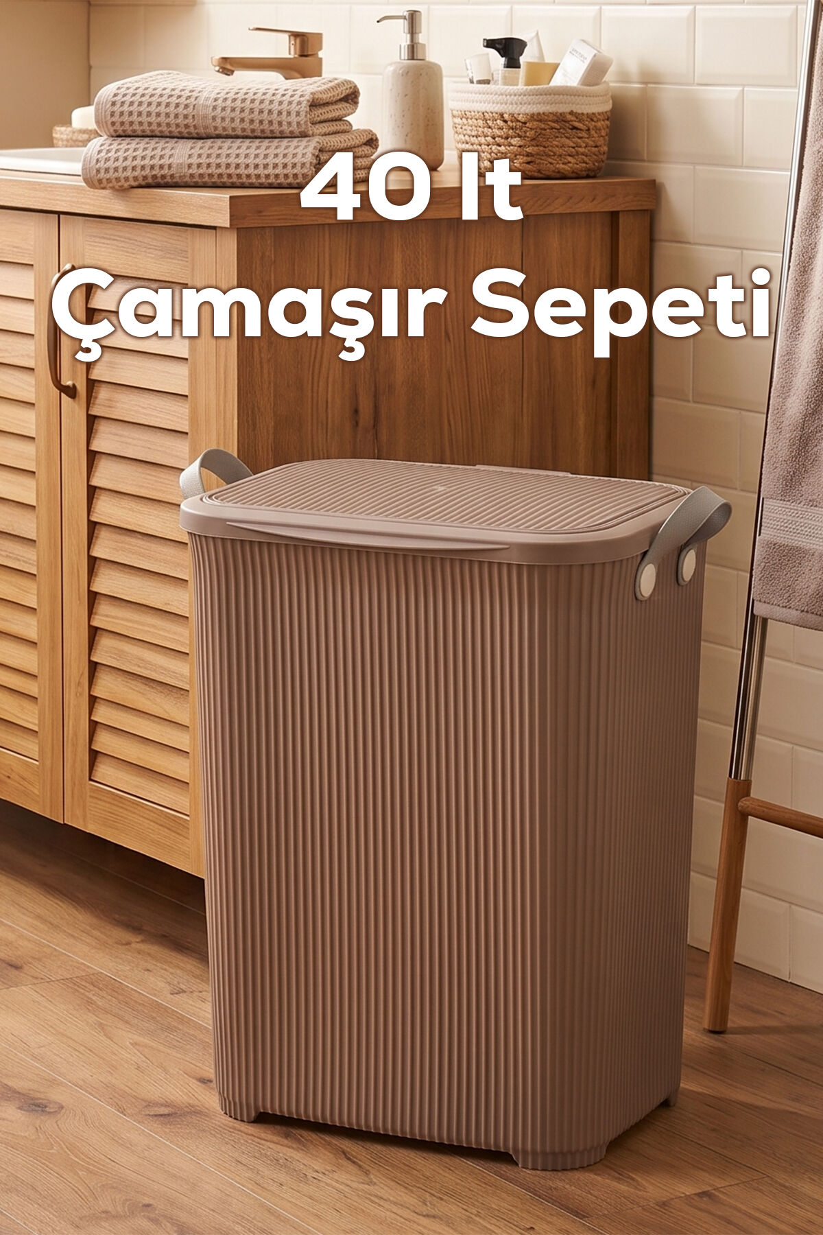 Porsima 0750-2 Stil Kapaklı Kirli Çamaşır Sepeti - Dikdörtgen Kirli Çamaşır Sepeti Mokka 40Lt