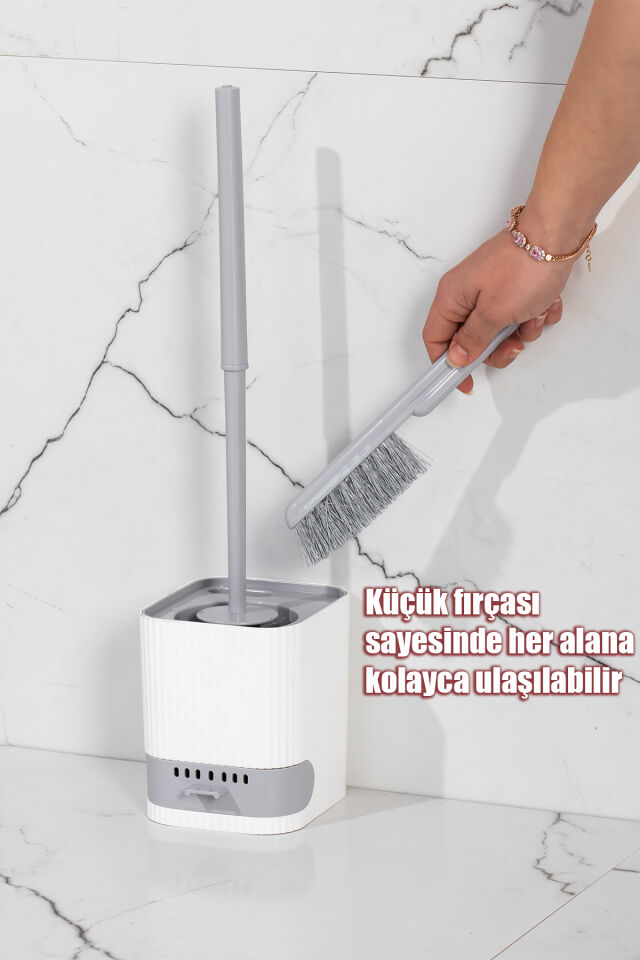 Porsima 2li Banyo Seti Yapışkanlı Banyo Tuvalet Kağıtlığı Tuvalet Fırçası Peçetelik Tuvalet Fırçalığı Beyaz Gri