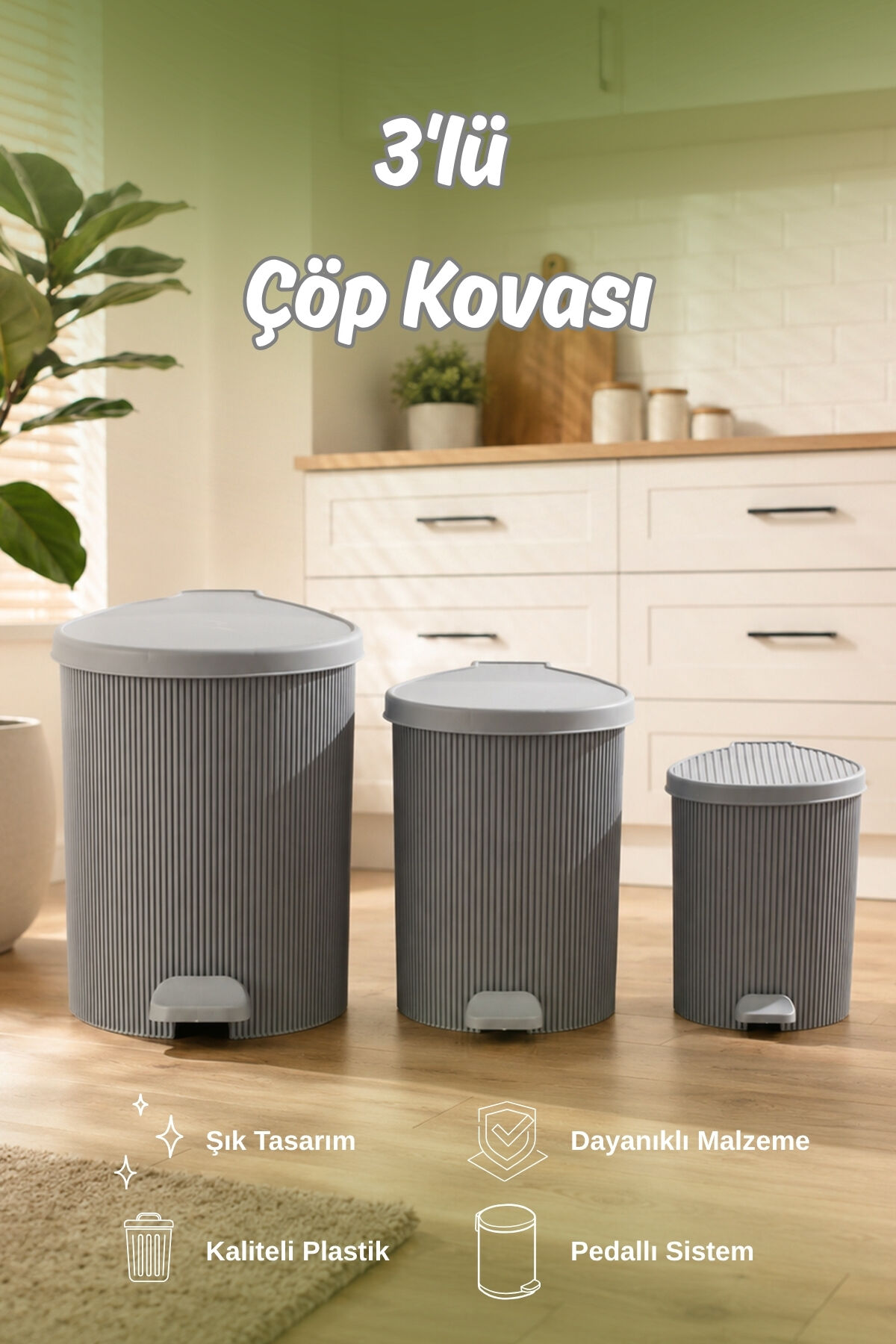 Porsima 0709 Stil 3lü Yuvarlak Pedallı İçi Kovalı Çöp Kovası Seti - Banyo Mutfak Çöp Kovası Takımı Antrasit