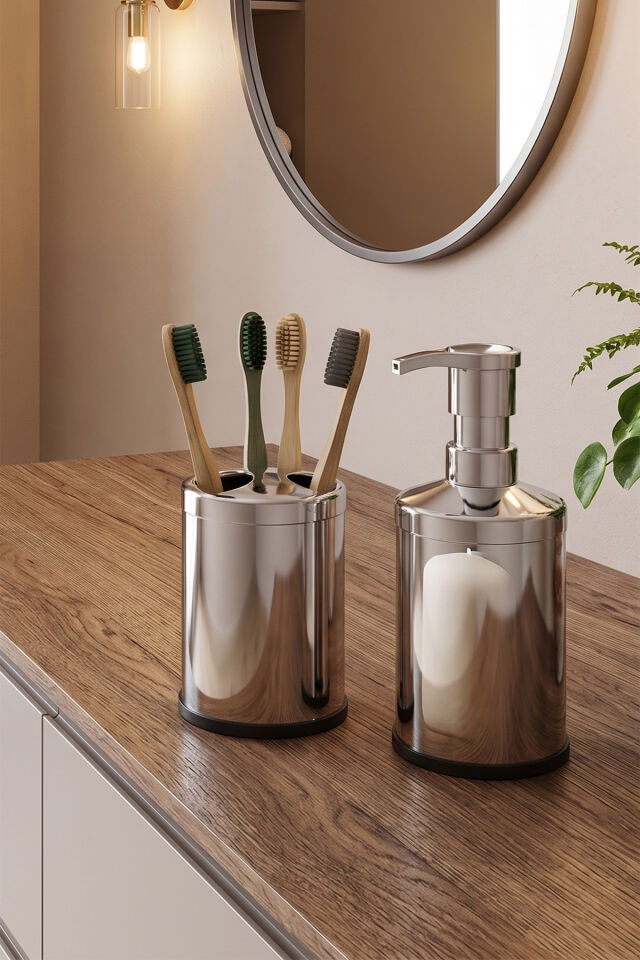 Porsima Metal Krom Kaplama 4 Parça Banyo Seti - Çöp Kovası, Sıvı Sabunluk, Diş Fırçalığı ve Wc Fırçası