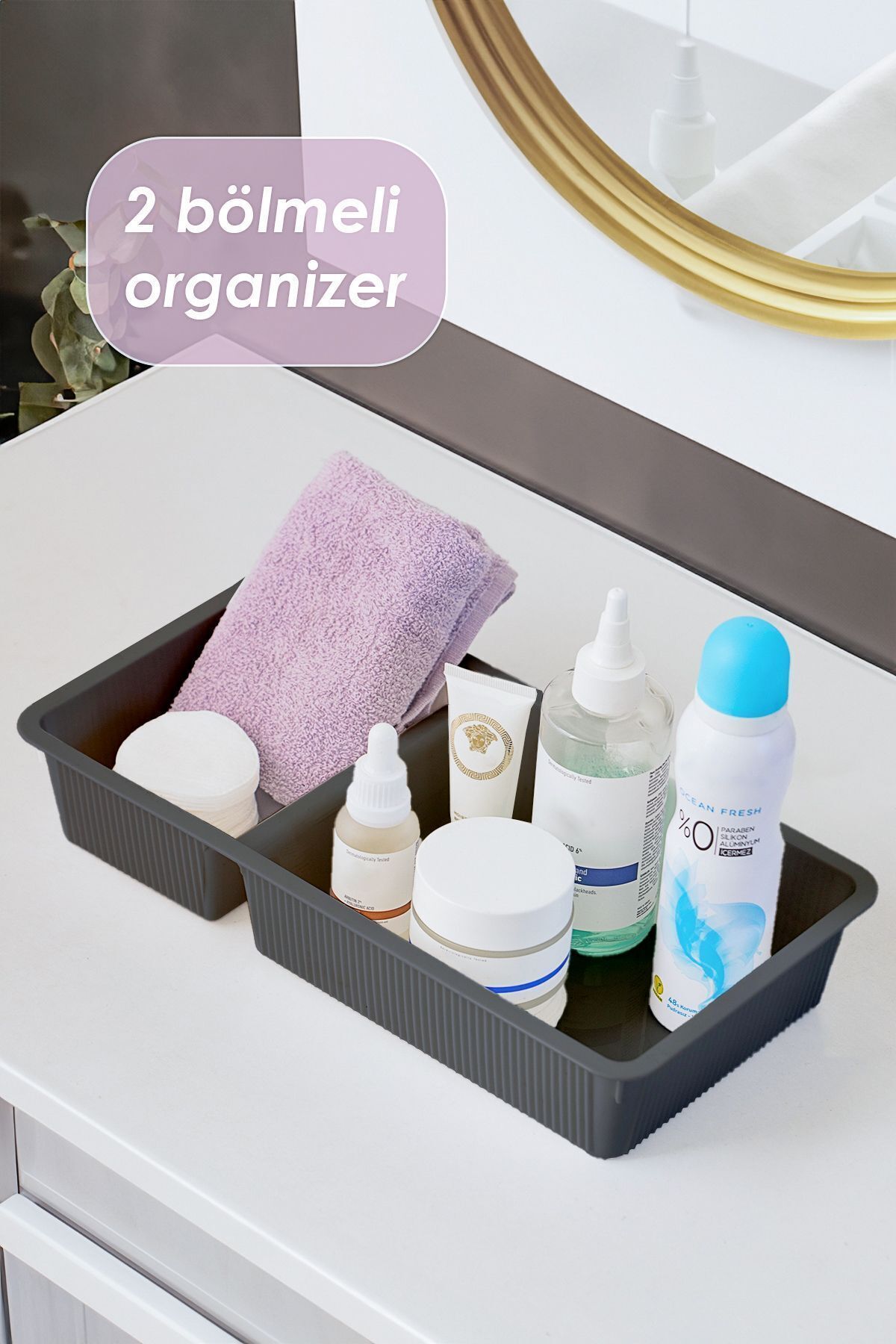 Porsima WH-72 Antrasit 2 Bölmeli Düzenleyici Çekmece Dolap İçin Çok Amaçlı Plastik Organizer Antrasit