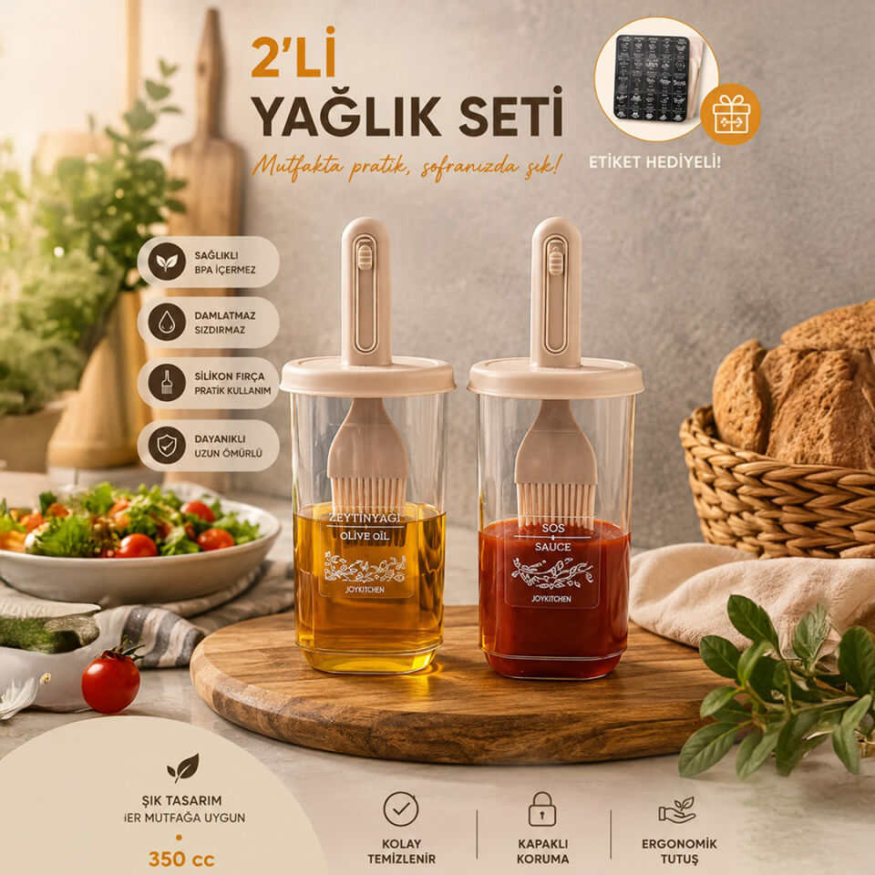 Porsima 0520 2'li Etiketli Silikon Fırçalı Yağlık - Sosluk-Yağdanlık Erzak Saklama Kabı 350cc - Cappuccino