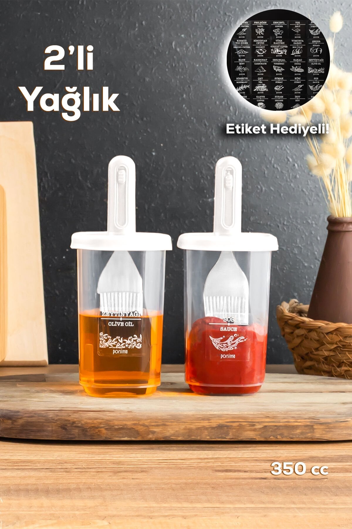 Porsima 0520 2'li Etiketli Silikon Fırçalı Yağlık - Sosluk-Yağdanlık Erzak Saklama Kabı 350cc - Beyaz