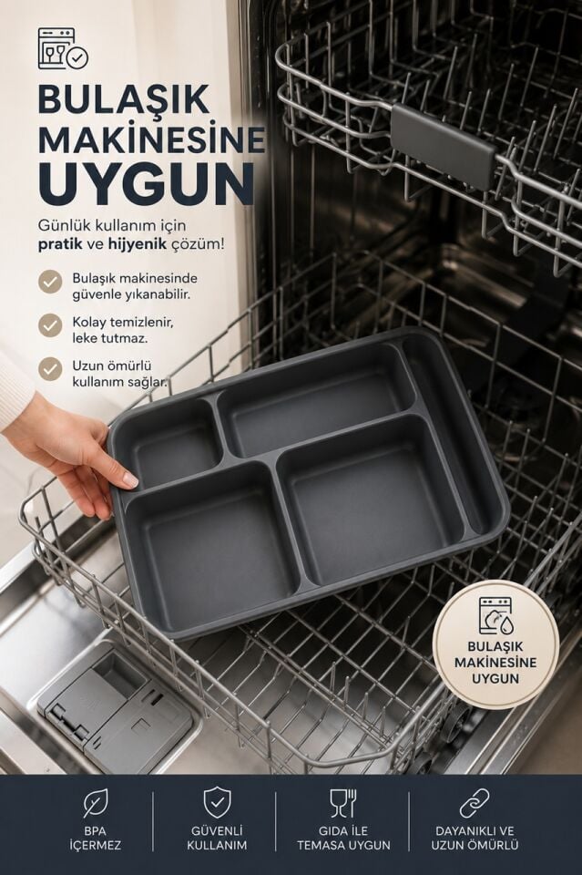 6 adet 5 Bölmeli  BPA İçermez Lüks Plastik Piknik Yemek Servis Tabağı-Tabldot Servis Tabağı Antrasit-21*31*3,5 cm