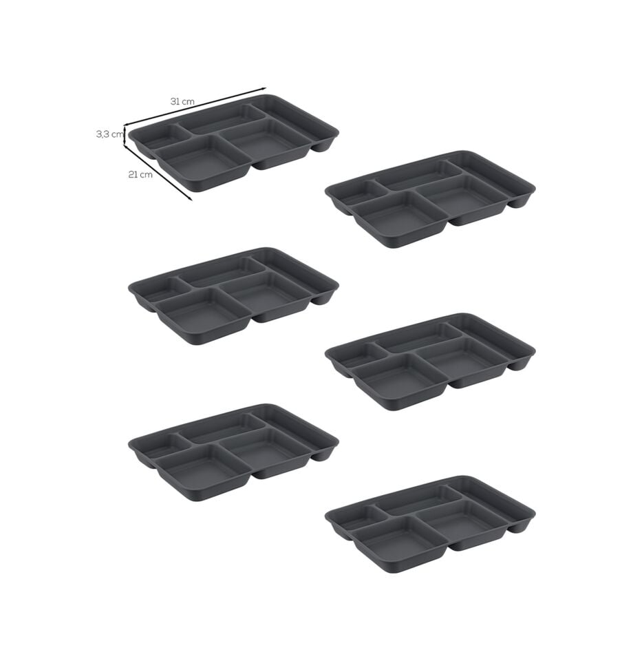 6 adet 5 Bölmeli  BPA İçermez Lüks Plastik Piknik Yemek Servis Tabağı-Tabldot Servis Tabağı Antrasit-21*31*3,5 cm
