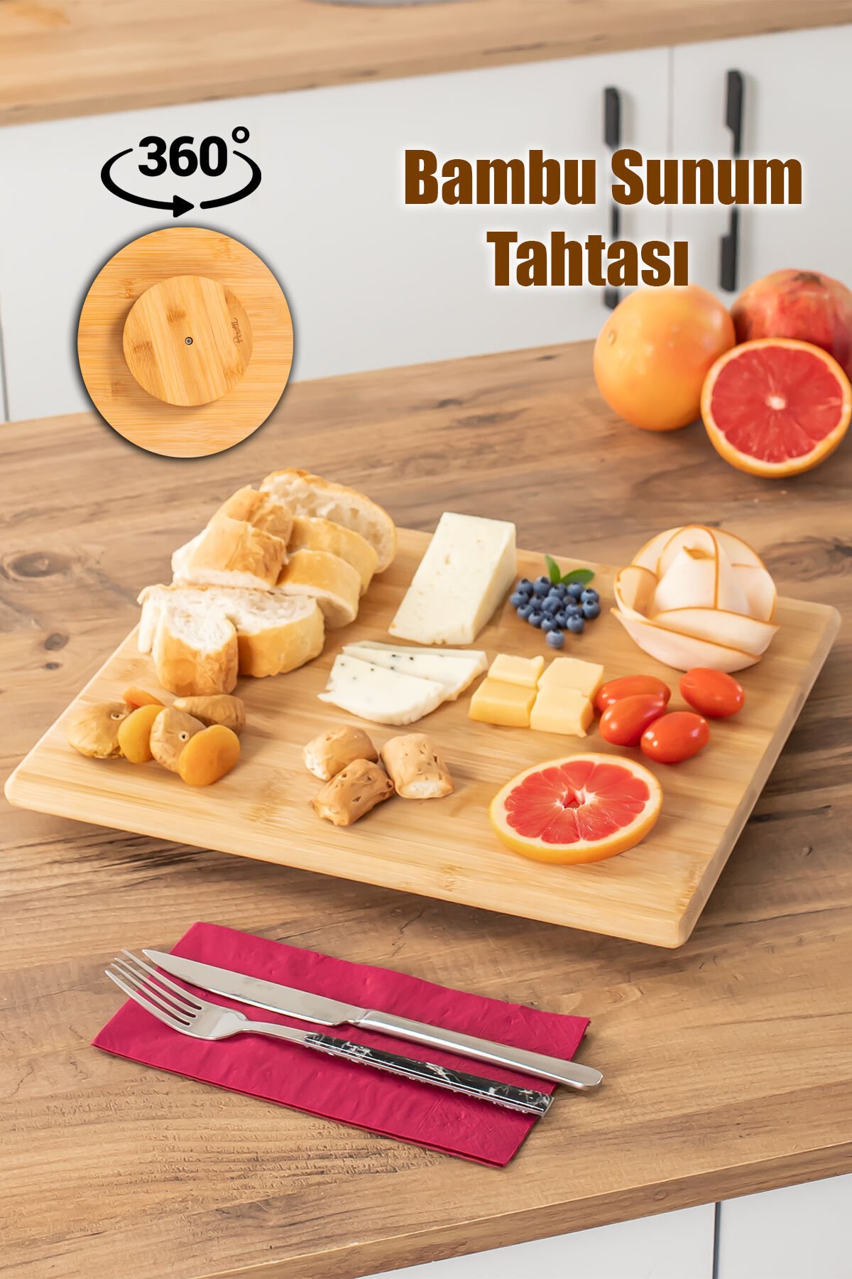 Porsima Bambu Peynir Pizza Tahtası Döner Sunum Tahtası 360 Derece Dönen Yuvarlak Lüx Servis 35 x 30 x 1.5 cm