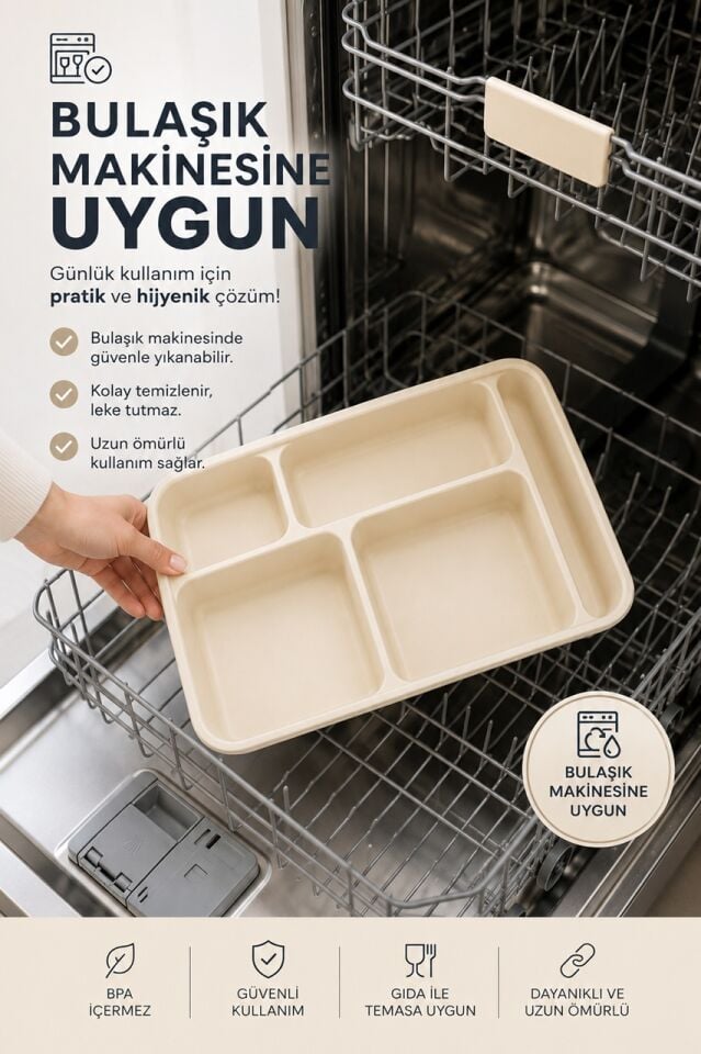 Porsima 6 adet 5 Bölmeli  BPA İçermez Lüks Plastik Piknik Yemek Servis Tabağı-Tabldot Servis Tabağı Krem -21x31x3,5 cm