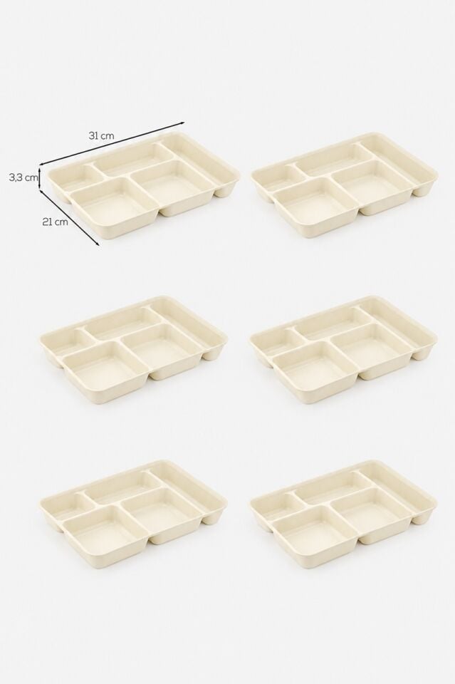 Porsima 6 adet 5 Bölmeli  BPA İçermez Lüks Plastik Piknik Yemek Servis Tabağı-Tabldot Servis Tabağı Krem -21x31x3,5 cm