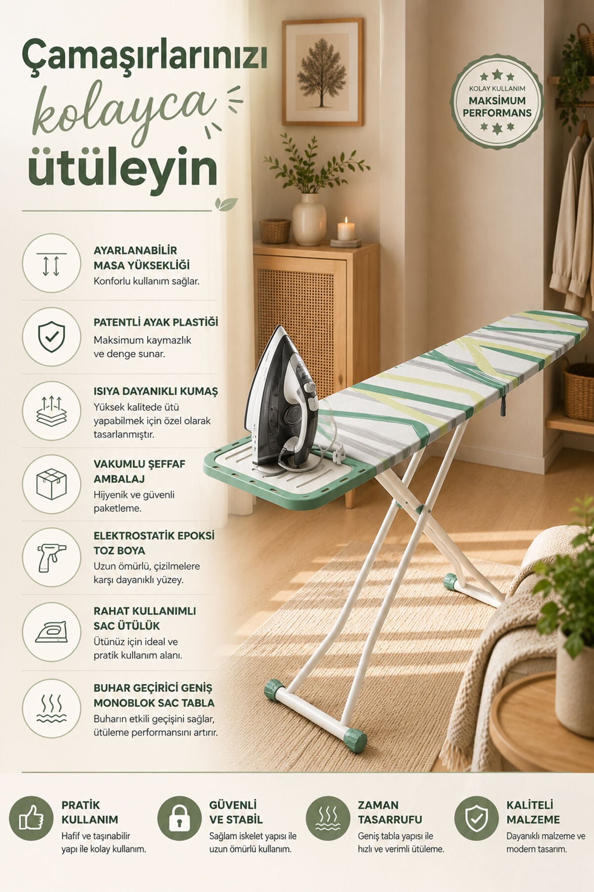 Perilla 15017-11 Aleece Beyaz Katlanabilir Yükseklik Ayarlı Ütü Masası 38x130 cm – Buhar Geçirici Monoblok Sac Tablalı
