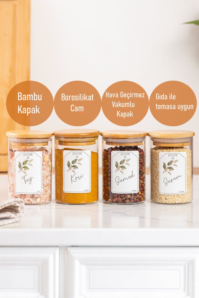 Porsima 3179 Cam 12'li Vakumlu Bambu Kapaklı Borosilikat Baharatlık Seti Takımı,Saklama Kabı Etiketli 150 Ml