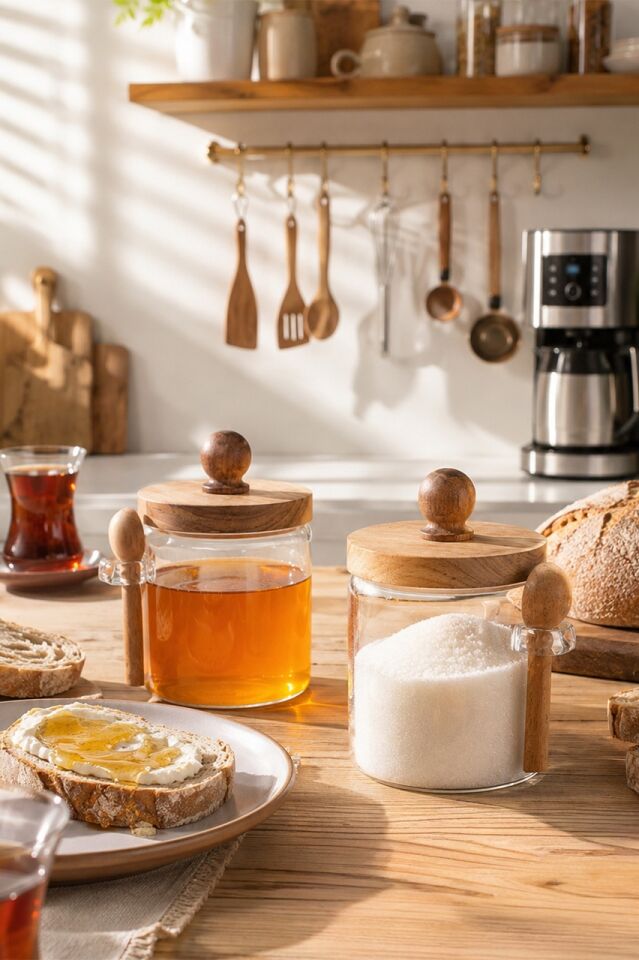 Porsima LM-0057 Bambu Kapaklı Bambu Kaşıklı Cam 2li Şekerlik Sunumluk Seti Bal Ve Reçel Kavanozu Saklama Kabı 450ml