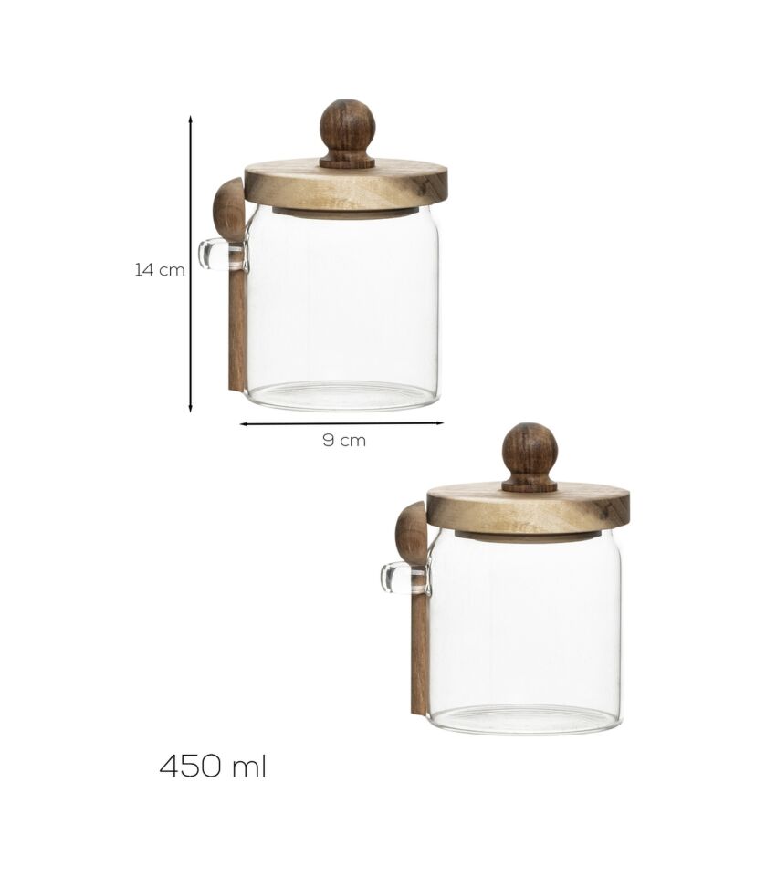 Porsima LM-0057 Bambu Kapaklı Bambu Kaşıklı Cam 2li Şekerlik Sunumluk Seti Bal Ve Reçel Kavanozu Saklama Kabı 450ml
