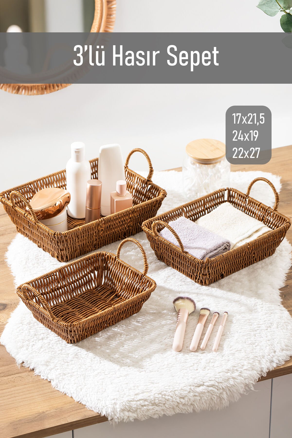 Porsima 301-C Dikdörtgen 3'lü Dekoratif Ev Düzenleyici Kendinden Kulplu Hasır Seti Banyo Düzenleyici Sepet