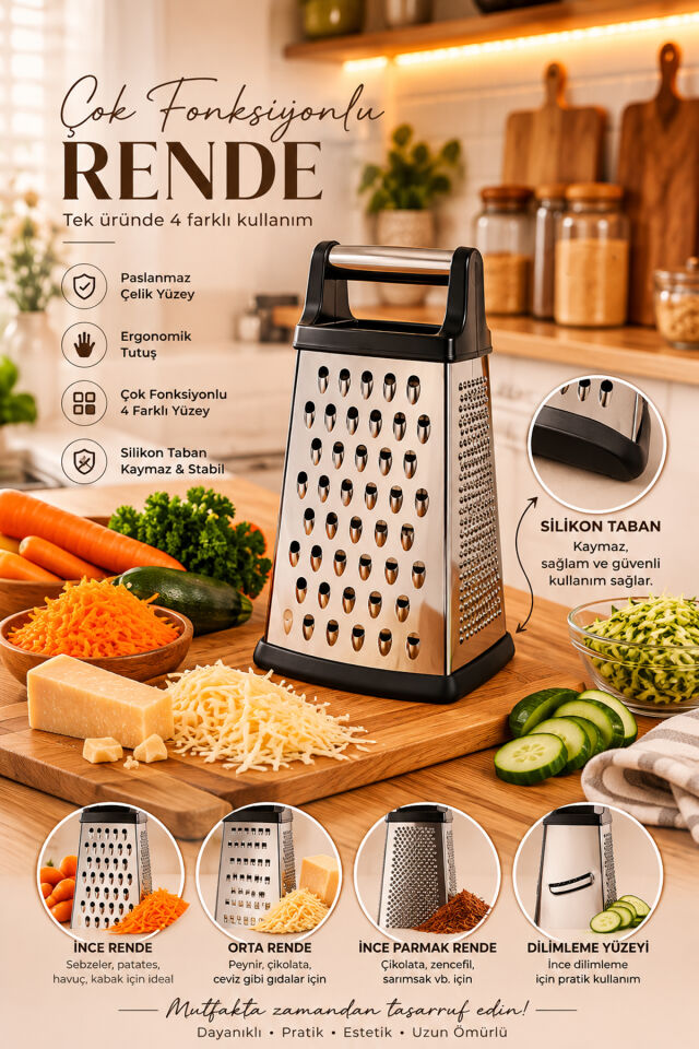 Porsima LM-4023 Razzo 4 Fonksiyonlu Paslanmaz Çelik Rende İnce, Orta, Parmak ve Dilimleme Yüzeyli Silikon Tabanlı Metal Rende 20 cm