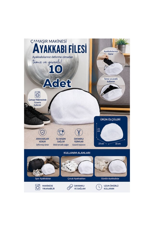 Porsima 3153 10lu Çamaşır Yıkama Filesi Fermuarlı Ayakkabı Yıkama Filesi Deforme Önleyici Torba File 23x33cm