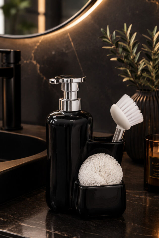 Porsima 268669 Tezgah Üstü Siyah Sıvı Sabunluk Fırçalı Süngerli Porselen Sabunluk 550ML 20cm