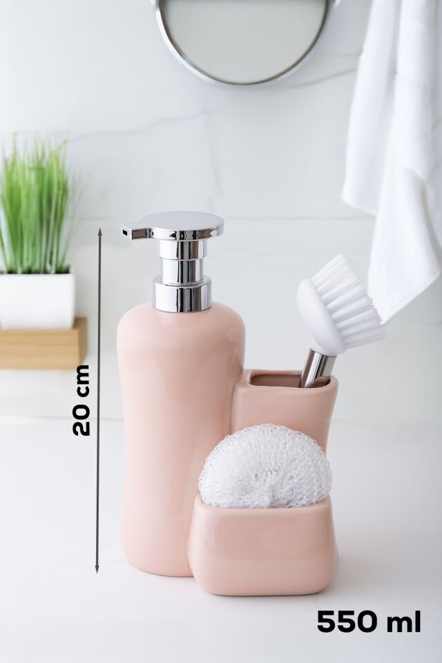 Porsima 277744 Tezgah Üstü Pudra Sıvı Sabunluk Fırçalı Süngerli Porselen Sabunluk 550ML 20cm