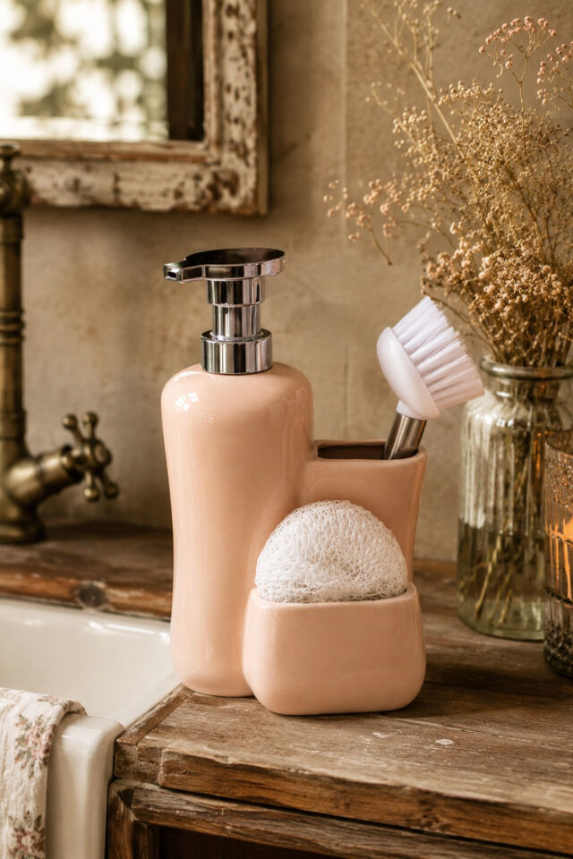 Porsima 277744 Tezgah Üstü Pudra Sıvı Sabunluk Fırçalı Süngerli Porselen Sabunluk 550ML 20cm
