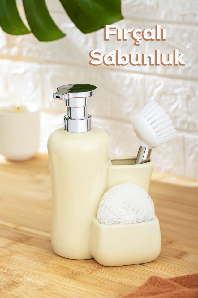 Porsima 277745 Tezgah Üstü Krem Sıvı Sabunluk Fırçalı Süngerli Porselen Sabunluk 550ML 20cm