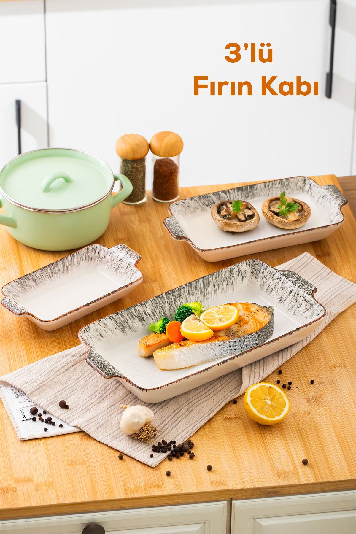 Porsima 083 Dikdörtgen 3'lü Fırın Kabı Servis Kabı Oval Sunumluk Tepsi ,Çerezlik Tabak Siyah
