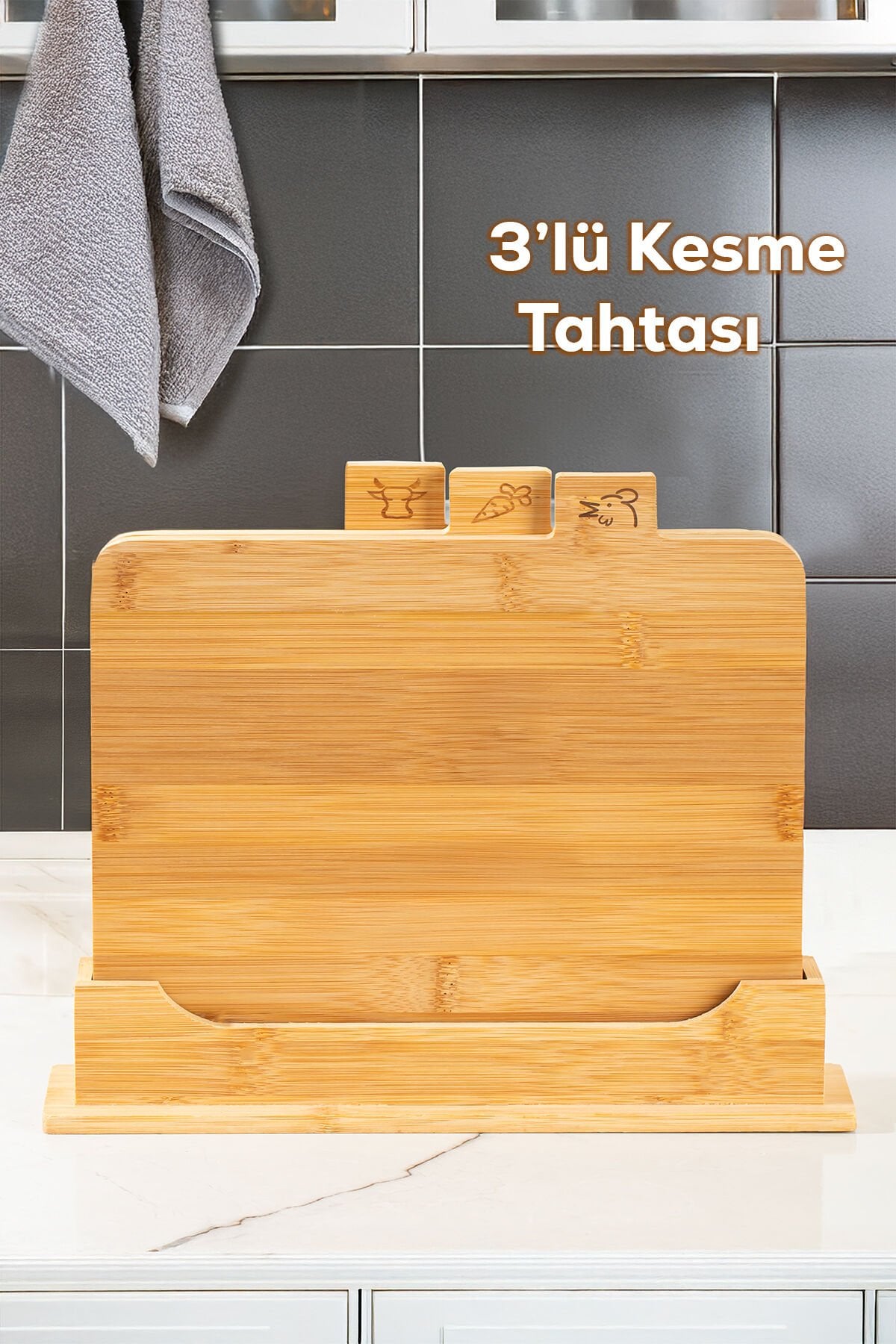 Porsima 16668 Piero Bambu 3lü Standlı Kesme Tahtası Seti Kesim Panosu Ahşap Kesme Tahtası 32cm