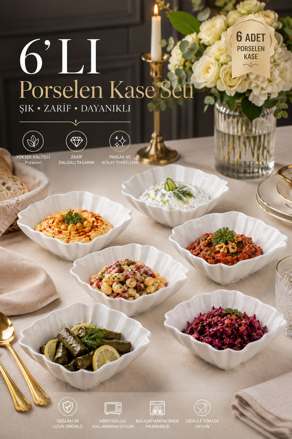 Porsima 6'lı Beyaz Porselen Kase Seti – Çerez, Meze, Salata ve Kahvaltılık Servis Kasesi 15cm