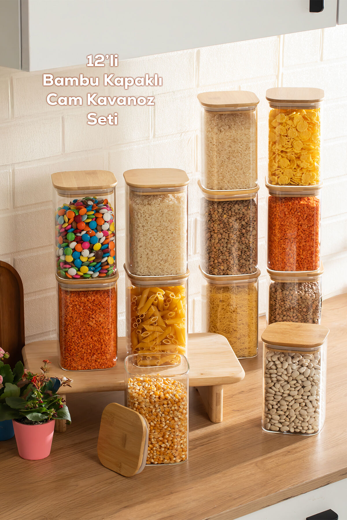 Porsima 6-4 Bambu Vakumlu Kapaklı Kare Borosilikat Cam 12li Kavanoz Seti Saklama Kabı 1250ml 9,5x15cm