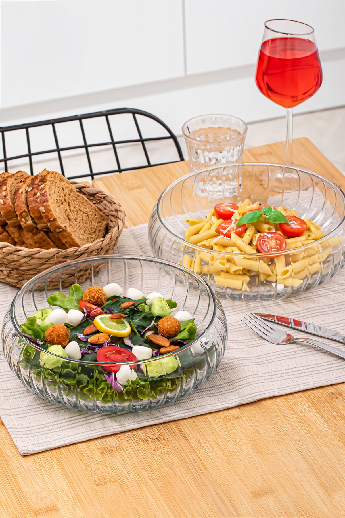 Porsima Ryg7045 Kafes El Yapımı Büyük Boy Cam Salata Meyve Çerez Makarna Sunum Kasesi Şeffaf 23 cm