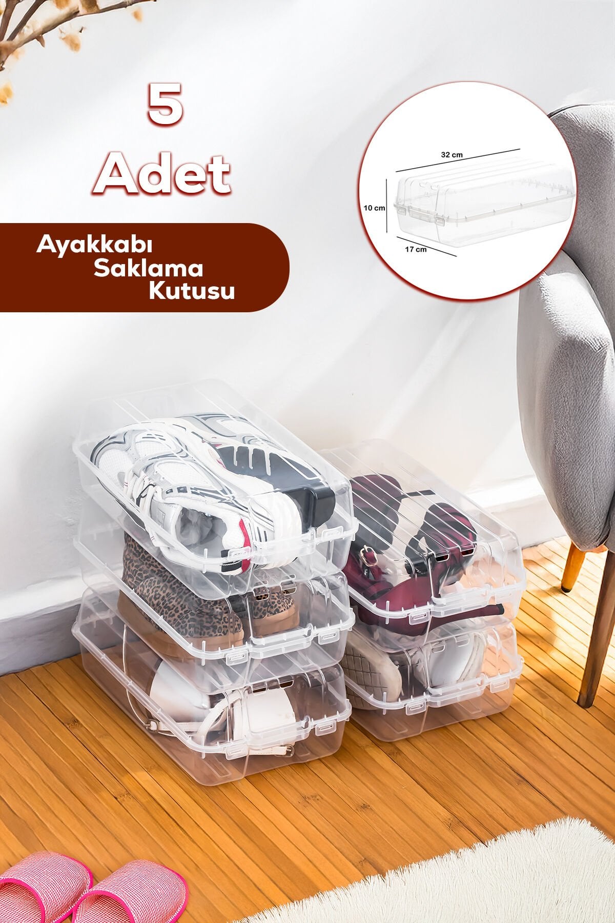 Porsima 3196 5li Kadın ve Çocuk Ayakkabı Saklama Kutusu-Şeffaf Pratik Ayakkabı Kabı Düzenleyici Saklama Seti