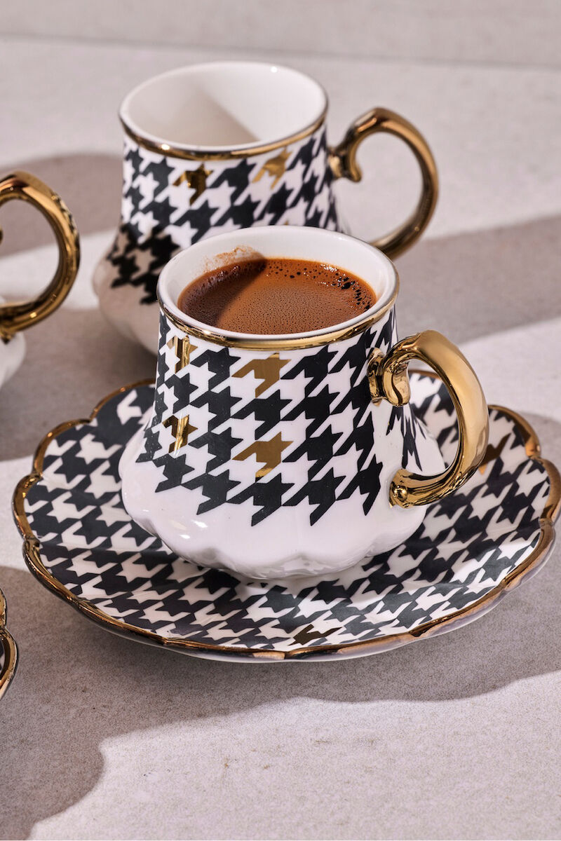 Perotti Cihangir 6 Kişilik Porselen Kazayağı Desenli Gold Kahve Fincanı Takımı