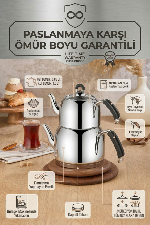 Özkent Lotus Mini Boy Paslanmaz Çelik Çaydanlık 2,35 Lt (0,85+1,5Lt) Süzgeçli