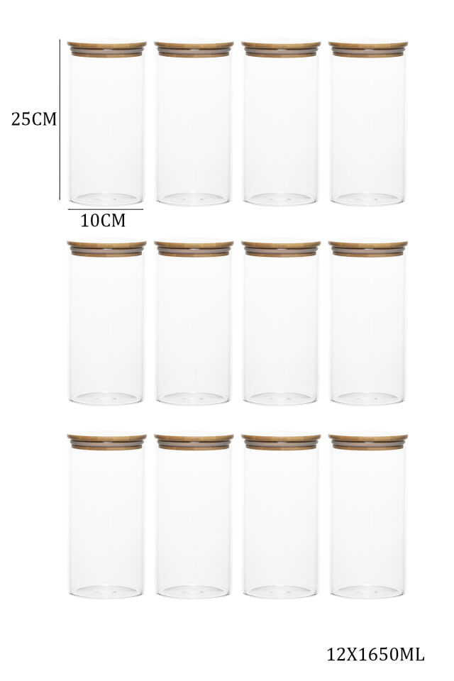 Porsima 3-4 Bambu Vakumlu Kapaklı Yuvarlak Borosilikat Cam 12li Kavanoz Seti Saklama Kabı 1650ml 10x25cm
