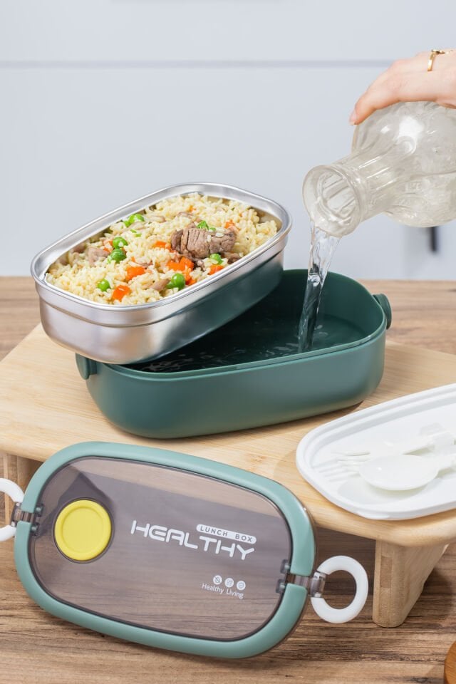 Porsima 3114-2 Vakumlu Lunch Box Yemek Termosu Kolay Kilitlenir Kendinden Kaşıklı Sefer Tası – 750ml Yeşil