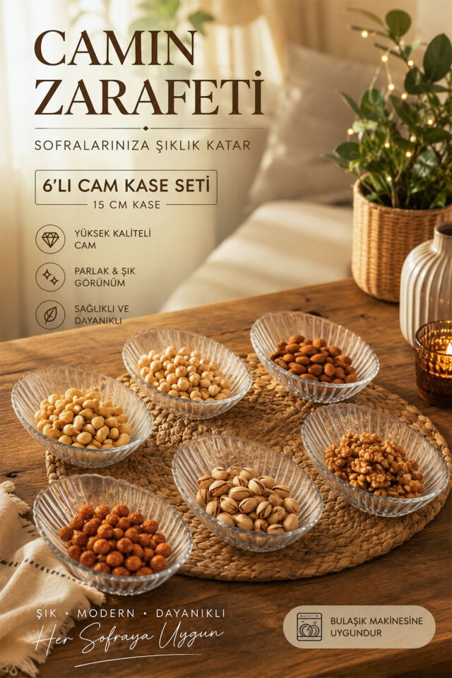 Porsima Suga 4472 6'lı Oval Cam Kase Seti 15 cm – Çerezlik, Reçellik, Kahvaltılık ve Sosluk