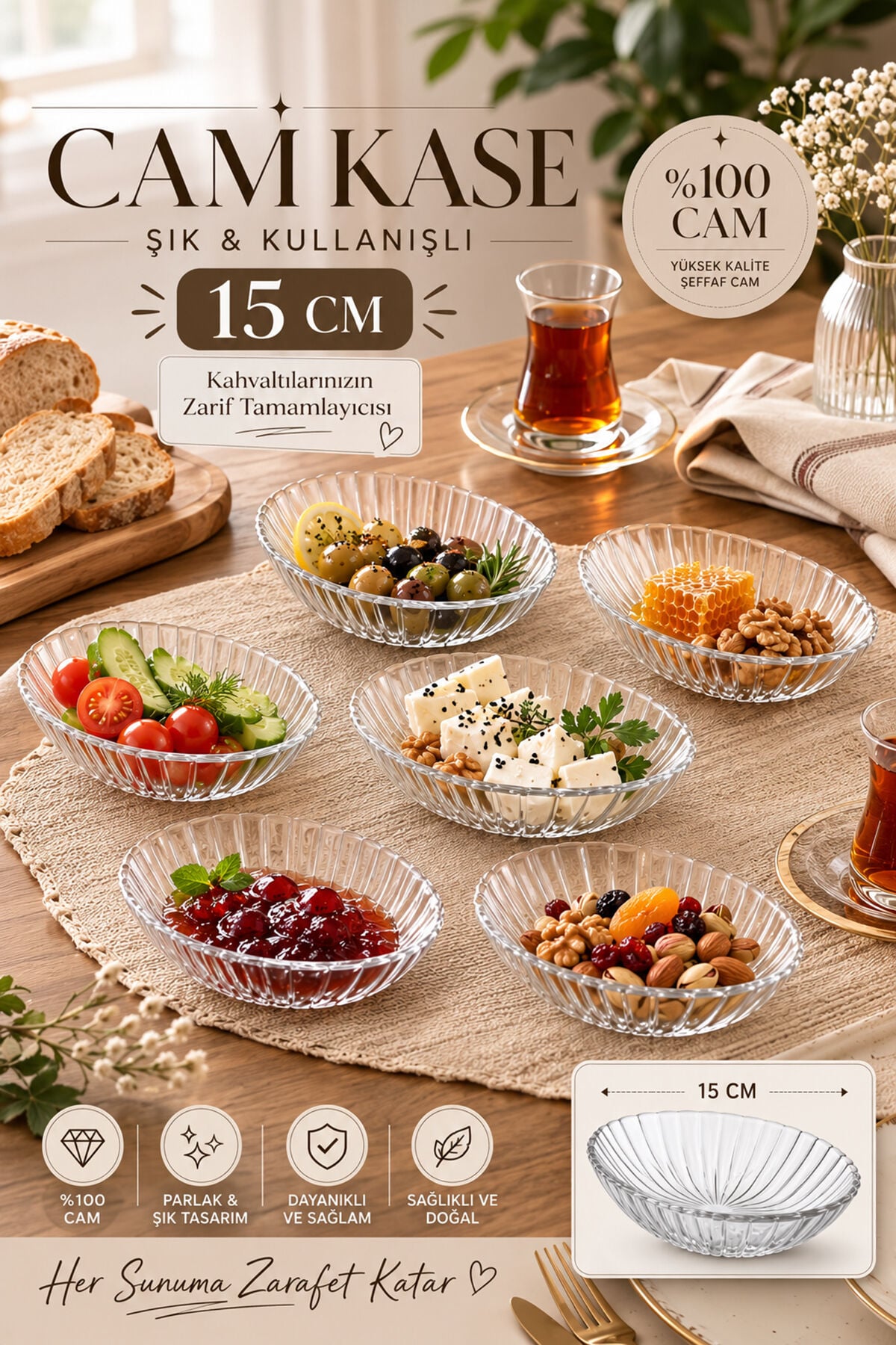 Porsima Suga 4472 6'lı Oval Cam Kase Seti 15 cm – Çerezlik, Reçellik, Kahvaltılık ve Sosluk