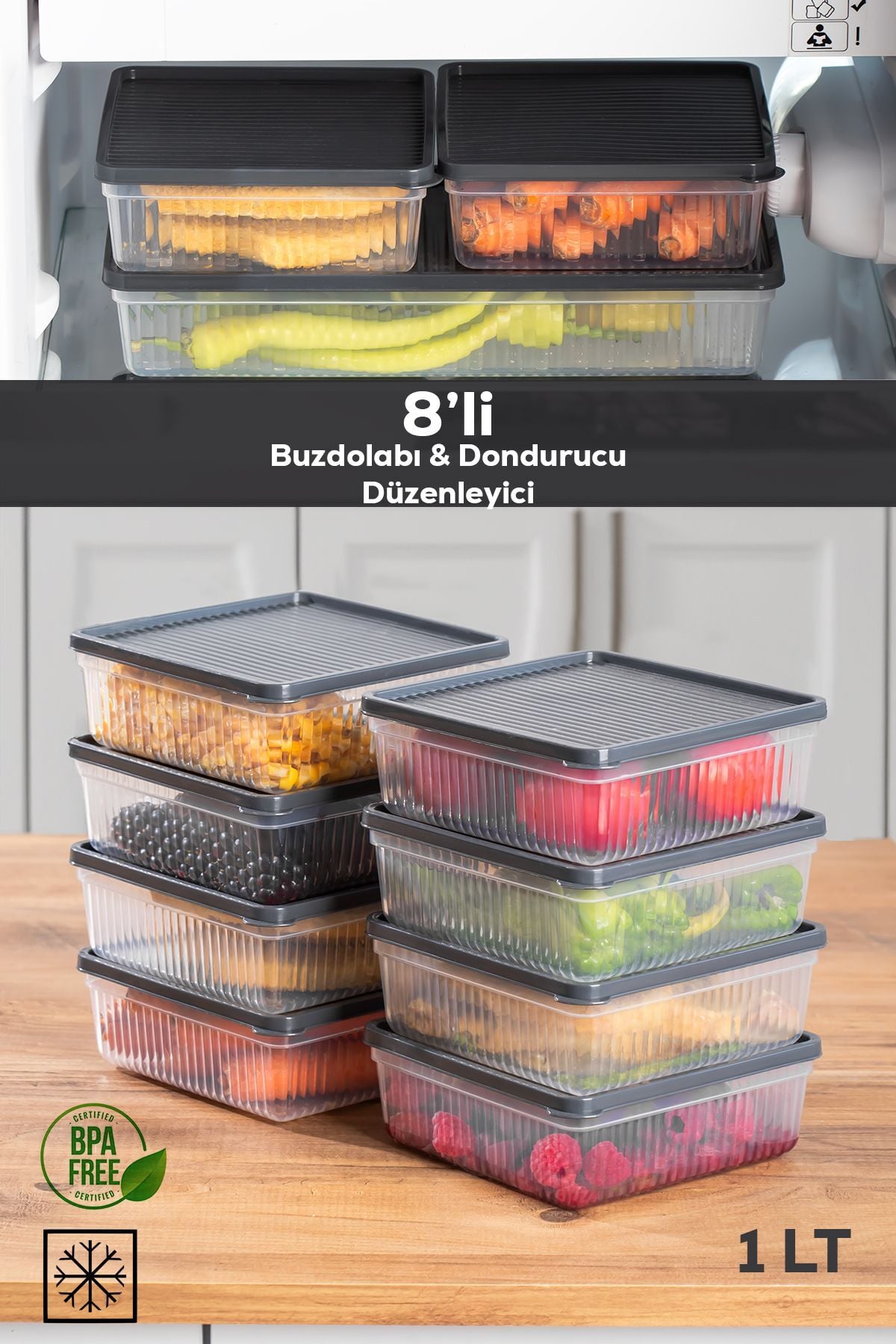 Porsima 1169 8li Buzdolabı Organizer Mikrodalga Ve Derin Dondurucu Buzluk Bakliyat Saklama Kabı - Antrasit