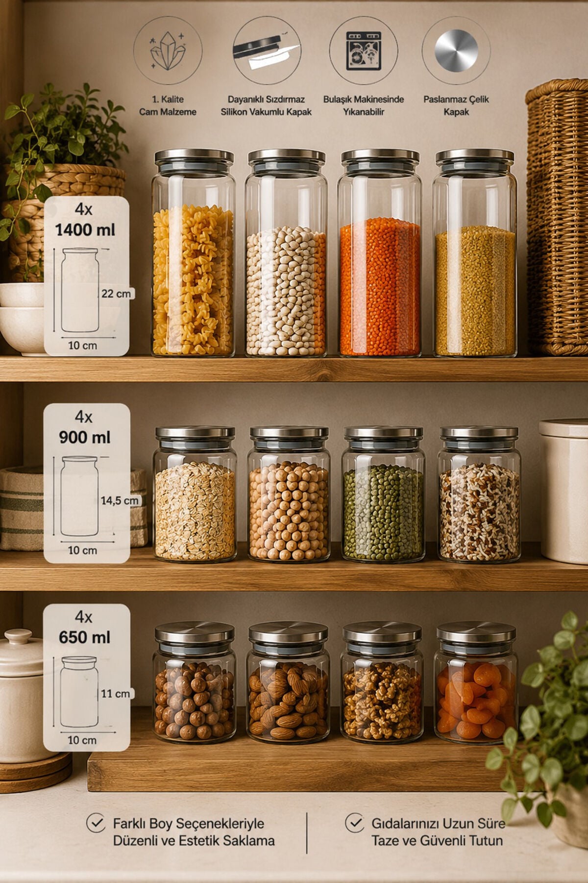 Porsima Bormio 12'li Vakumlu Metal Kapaklı Cam Kavanoz Seti – 1400 ml, 900 ml, 650 ml Erzak & Baharatlık