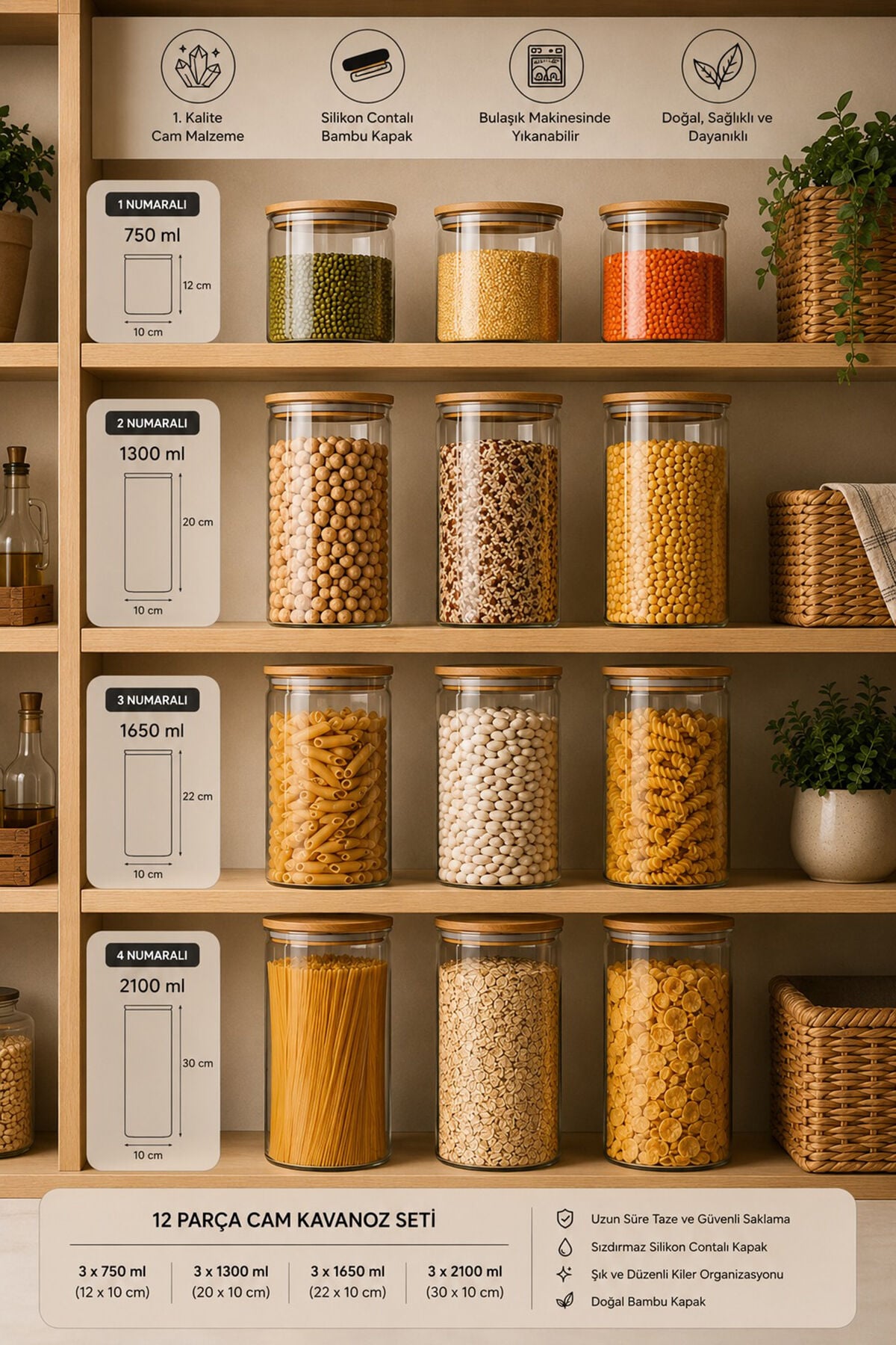 Porsima 12'li Bambu Ahşap Kapaklı Cam Kavanoz Seti – 2100 ml, 1650 ml, 1300 ml, 750 ml Erzak & Baharatlık
