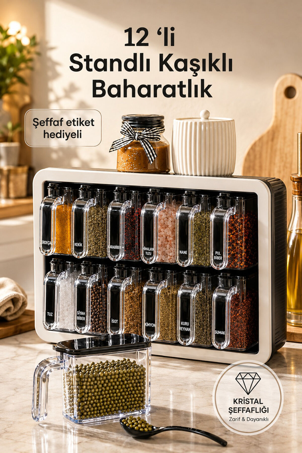 Porsima 0440 Premium Standlı 12 Li Kendinden Yapışkanlı Kaşıklı Kapaklı Baharatlık Takımı - Siyah Beyaz