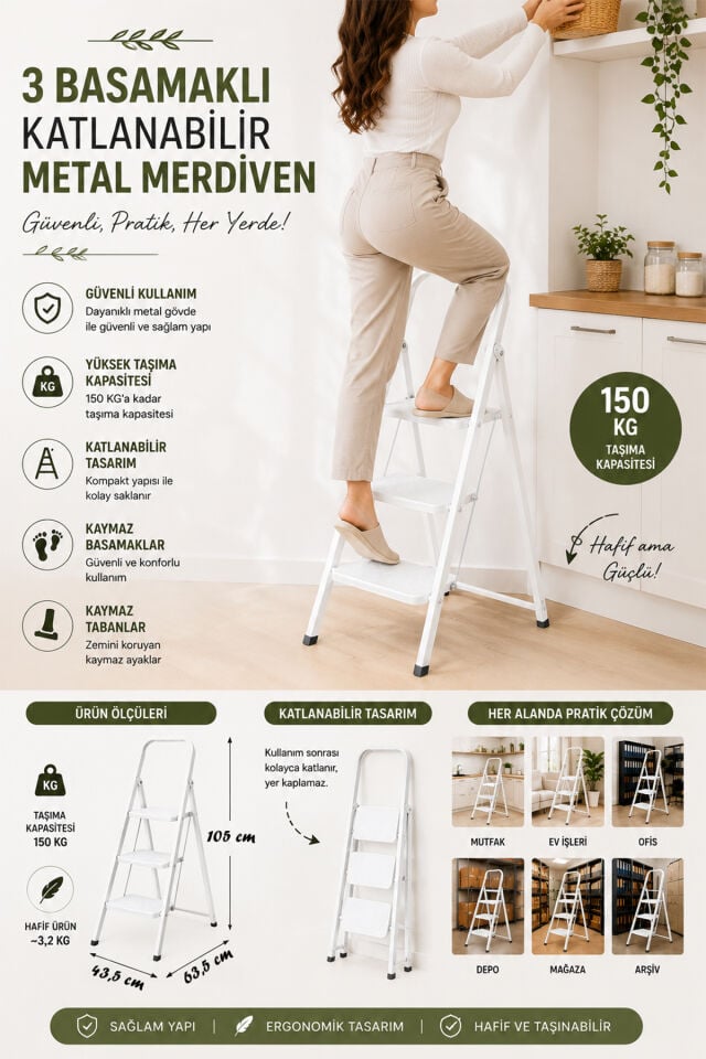 Perilla Class 3 Basamaklı Kaymaz Tabanlı Katlanır Metal Merdiven - Ekstra Güçlü Beyaz