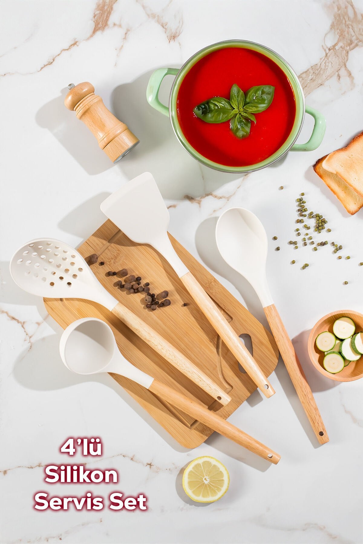 Porsima 3166 Bambu Ahşap Saplı Silikon 4 Parça Servis Takımı Seti Beyaz