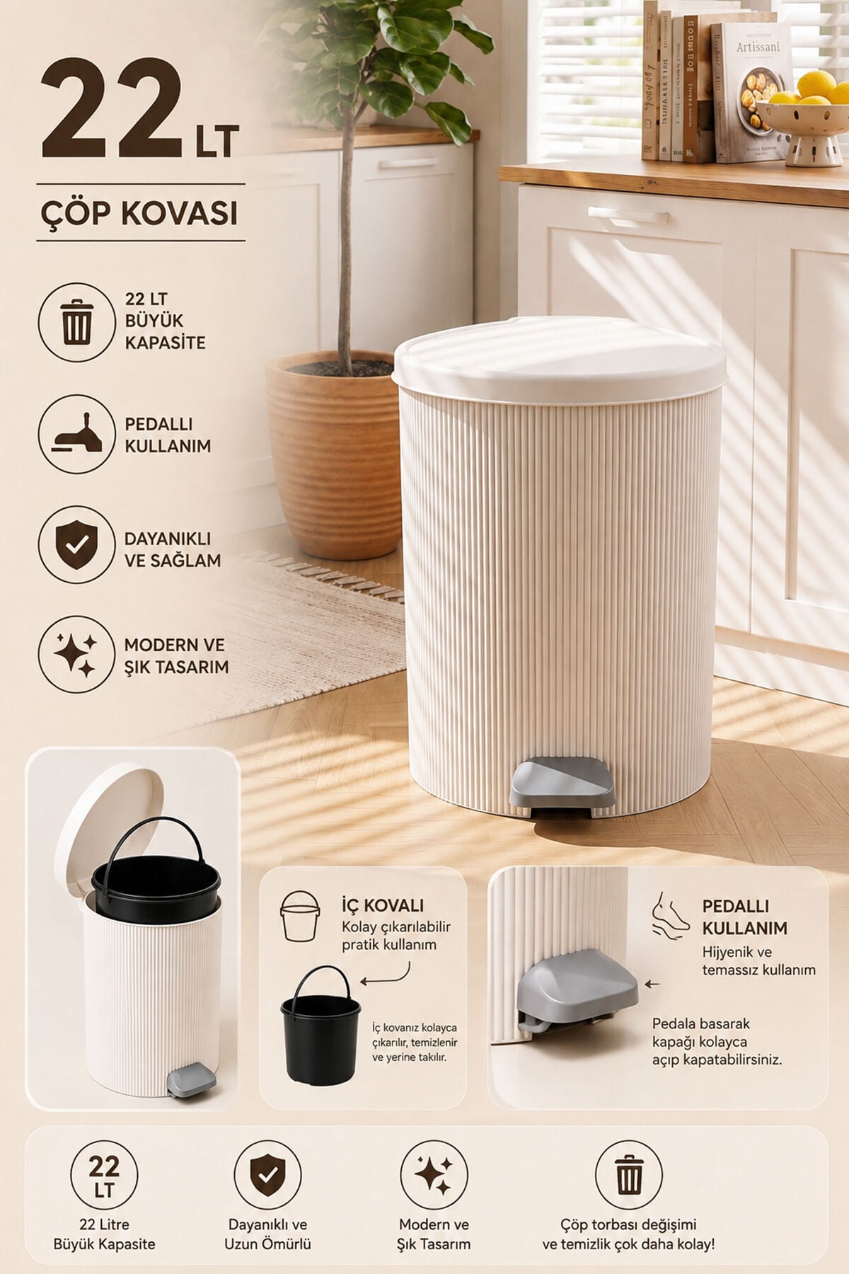 Porsima 0707-1 Still Beyaz 22 Litre Pedallı İç Kovalı Yuvarlak Mutfak & Banyo Çöp Kovası