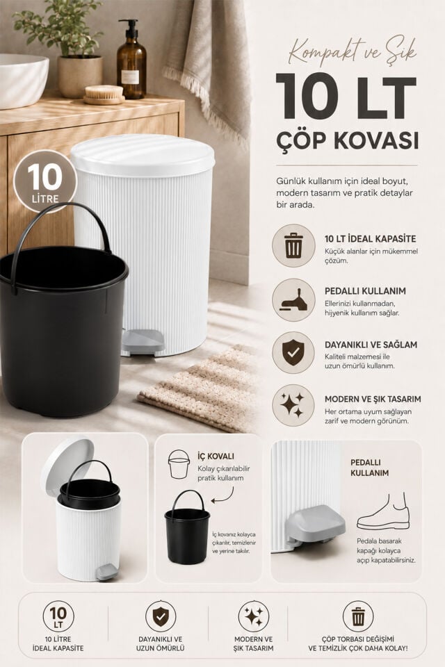Porsima 0706-1 Still Beyaz 10 Litre Pedallı İç Kovalı Yuvarlak Banyo & Mutfak Çöp Kovası